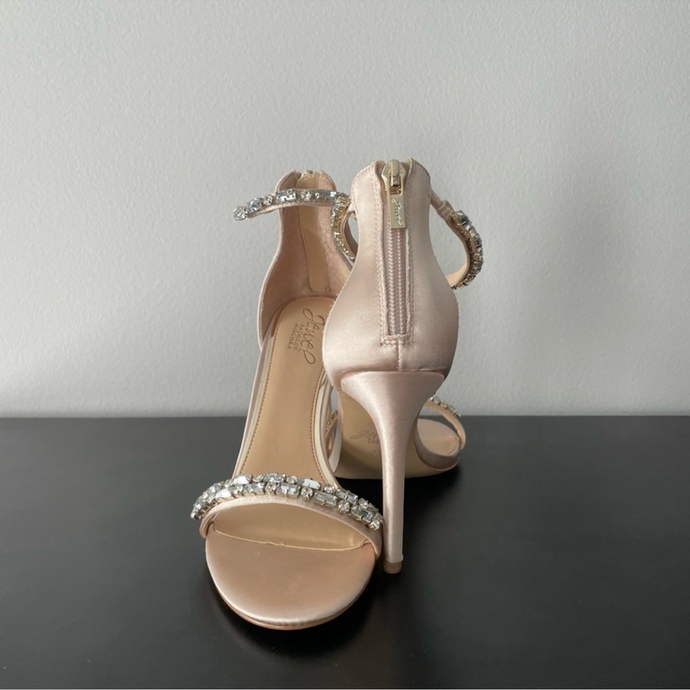 Jewel Badgley Mischka Rayna Satin Heel Sandals - Champagne, Size 10 - Picture 5 of 8